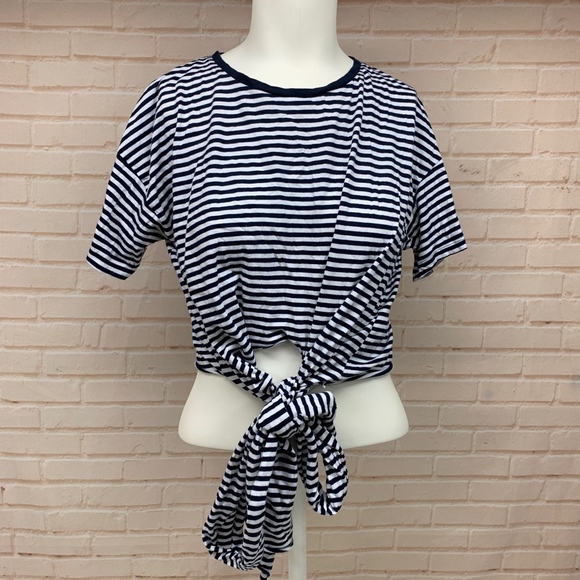 Zara Tops - ZARA Navy White Striped T-Shirt Crop Tie Waist  👑